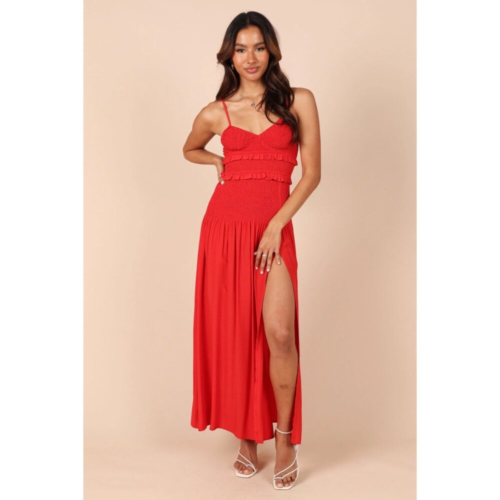 Petal & Pup Bell Red Shirred Midi Dress Ruffle Bust Slit – Size M